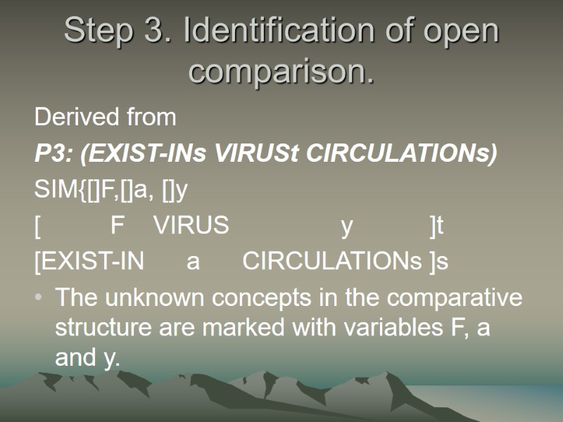 Step 3. Identification of open comparison.  Derived from P3: (EXIST-INs VIRUSt CIRCULATIONs) SIM{[]F,[]a,